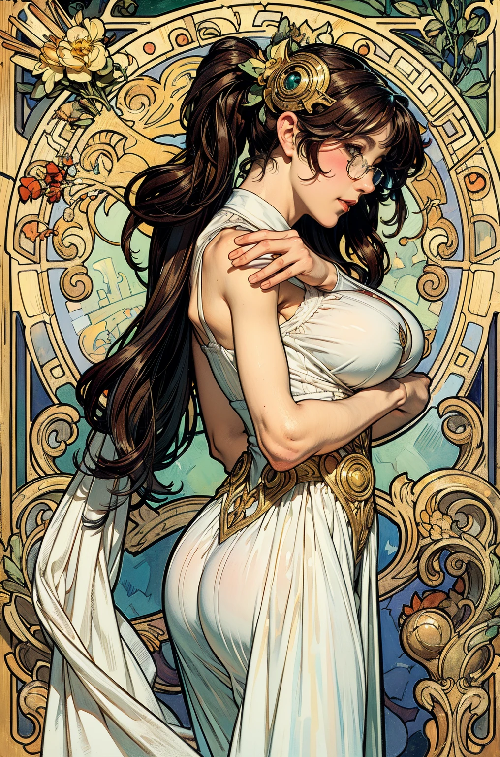 a beautiful attractive woman in body stocking suit, micro T-string , intricate chain jewelry suspenders, beautiful round breast, cleavage, chest press together ,medium long shot ,elegance pose, Intricate designs and patterns in the style of Alphonse Mucha ,Art Nouveau flowery background, black wavy hair,long earrings,red lipstick 