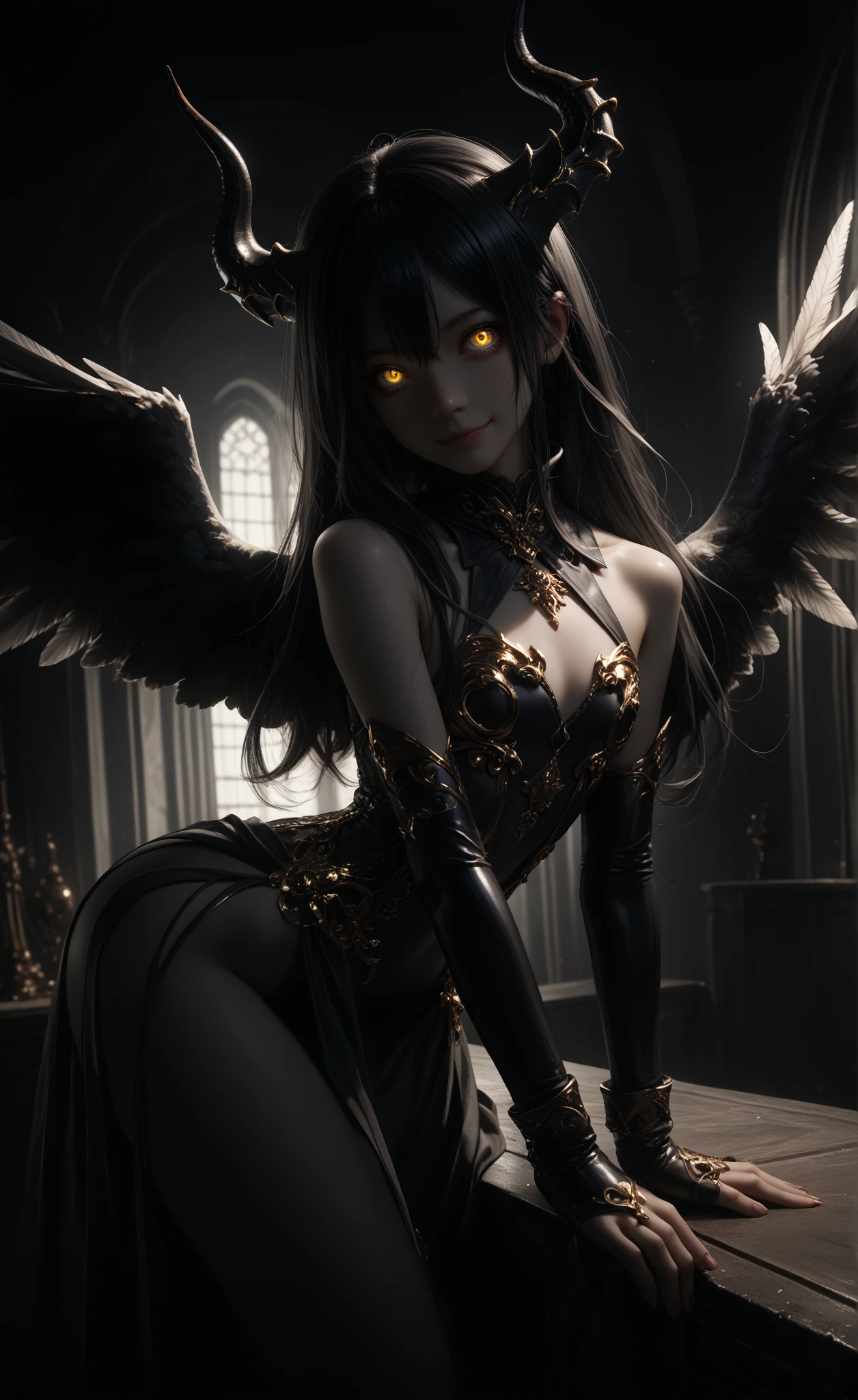 A fallen Angel girl, in a sexy black suit, at a castle in hell sitting on a throne, perfect face, perfect body, perfect wings, detailed and intrincicated, HD