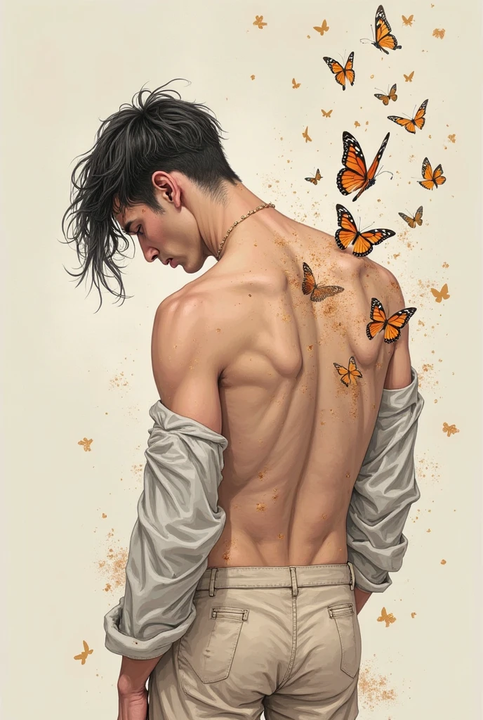 (8K, RAW photo, Highest quality) masterpiece, 1 young boy, 18 years old, Asian muscular man Look at viewer, standing forward, showing his huge muscular breasts, puffy nipples, sexy six packs, narrow waist, Handsome, Topless, Thick body hair, man wearing nothing completely naked, sitting on the floor, correct looking penis, well-shaped penis, smooth penis and balls, erection . , butterflies on his body, butterflies flying through the air, gradient background, Sparkle & Sequin Backdrops , cinematic lighting, UHD