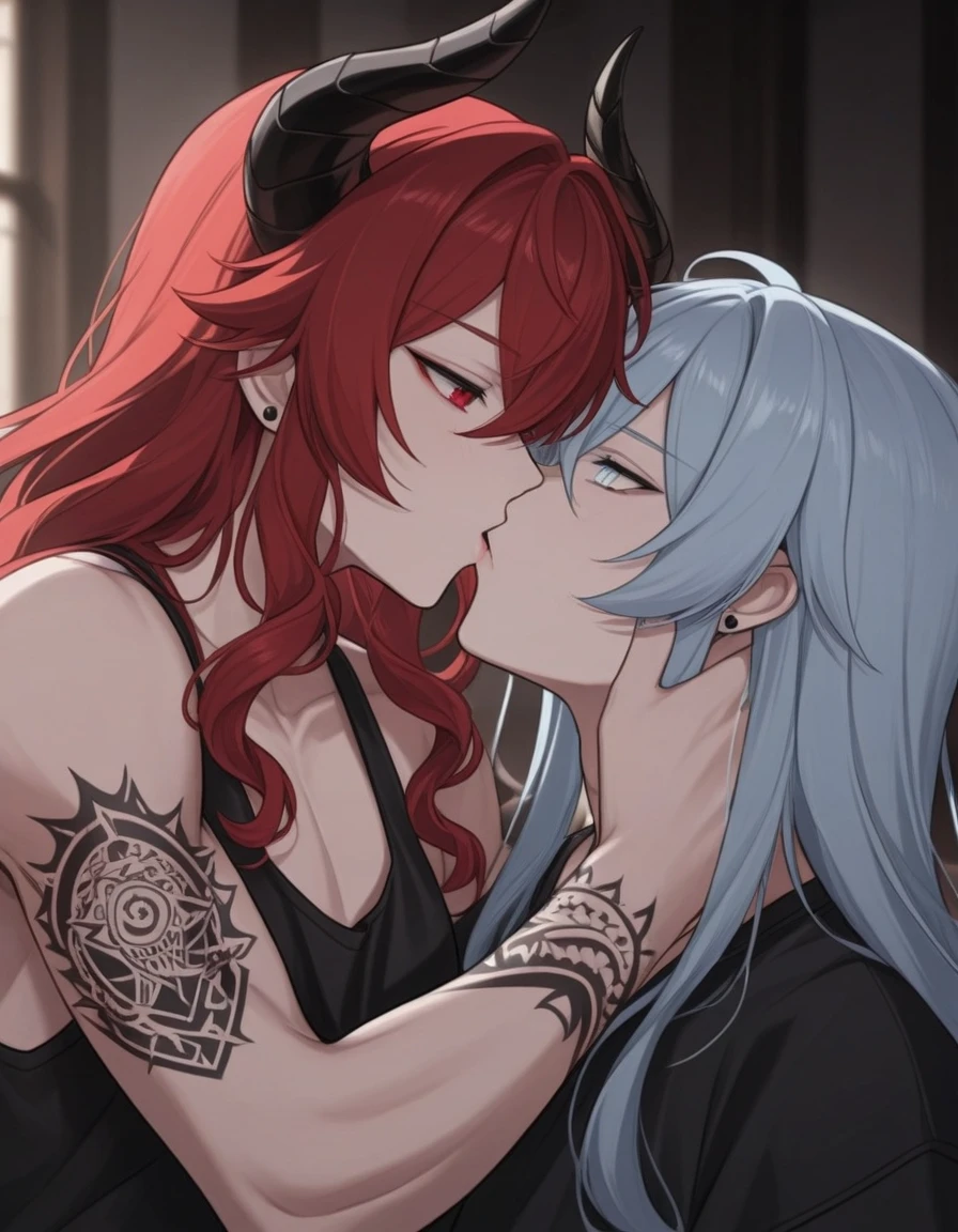 アニメ , best qualityer, Caucasian female,  long red hair , black halo, Caucasian female, LONG white hair , small black horn, having lesbian sex 