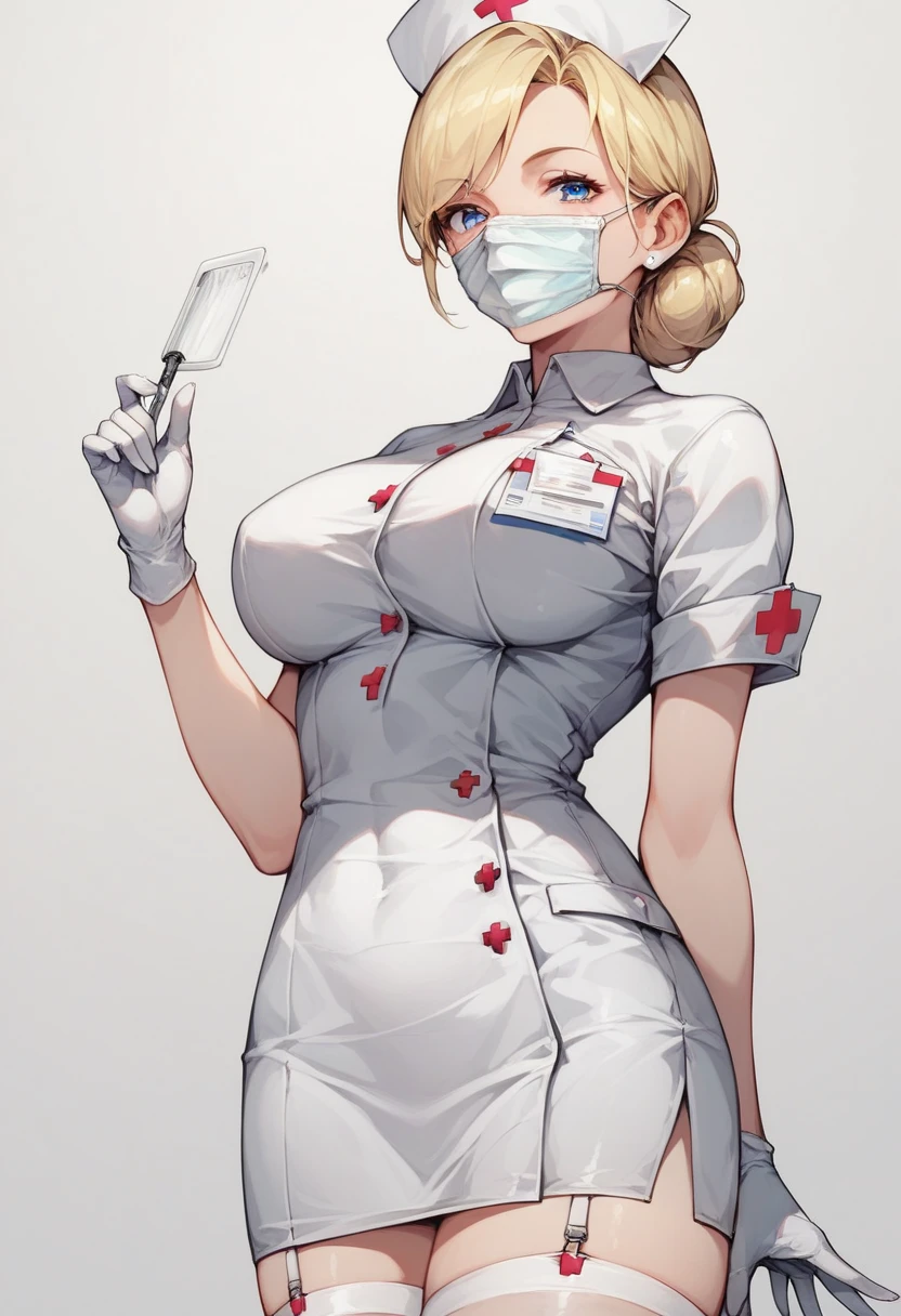 1woman, Nurse, nurse uniform, Nurse Cap, Whiteware, ((White legwear, zettai ryouiki)), White Gloves, Blonde hair, Blue eyes, pink lipsticks, Smile, Standing, sharp outline, Short sleeves, a mature female, 35 year old, Best Quality, masterpiece, infirmary, As chest shows, chest escaping, rain on face, sensuous pose, tit visible