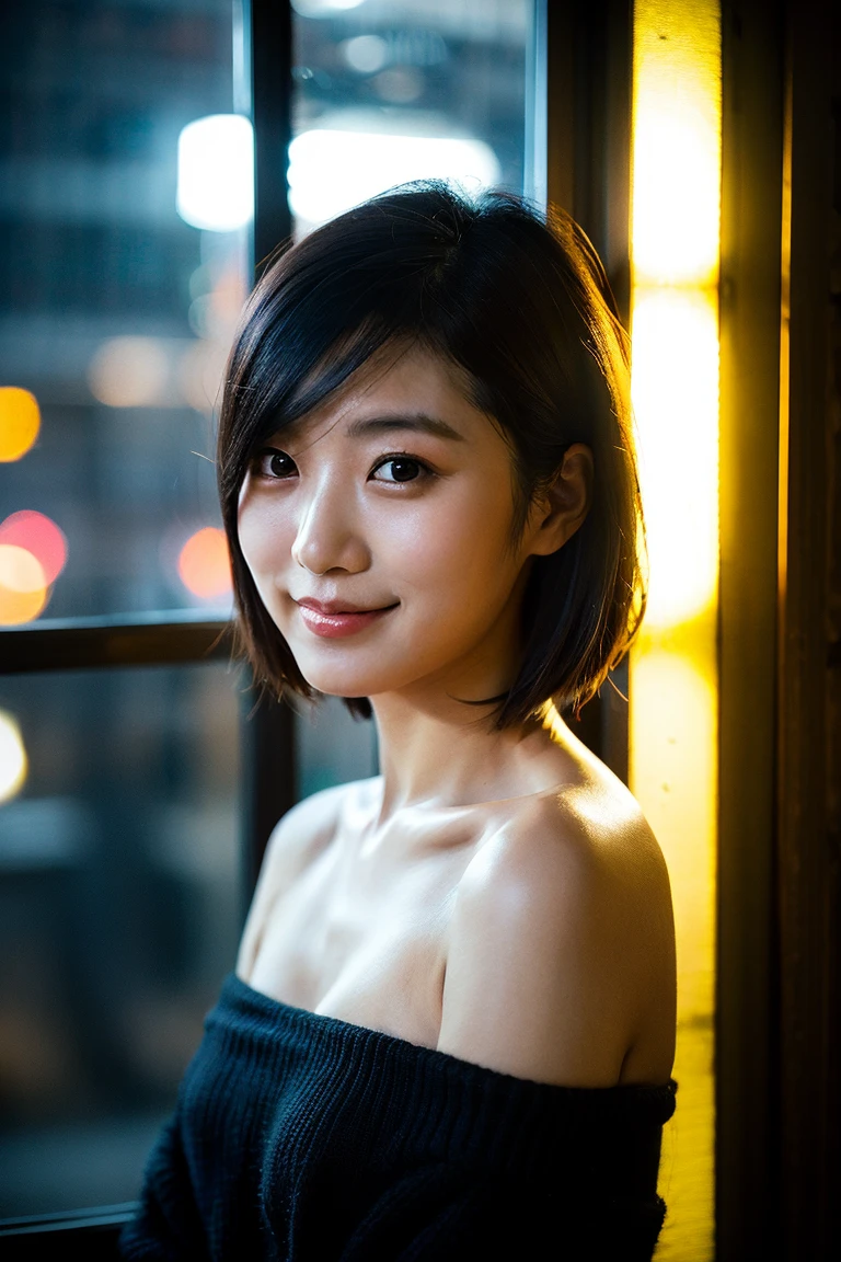 highest quality, masterpiece, Ultra-high resolution, (reality: 1.4), Original photo,smile, short hair, Black Hair、 Cinema Lighting, From below, A woman on a crowded train, A woman wearing thick clothes