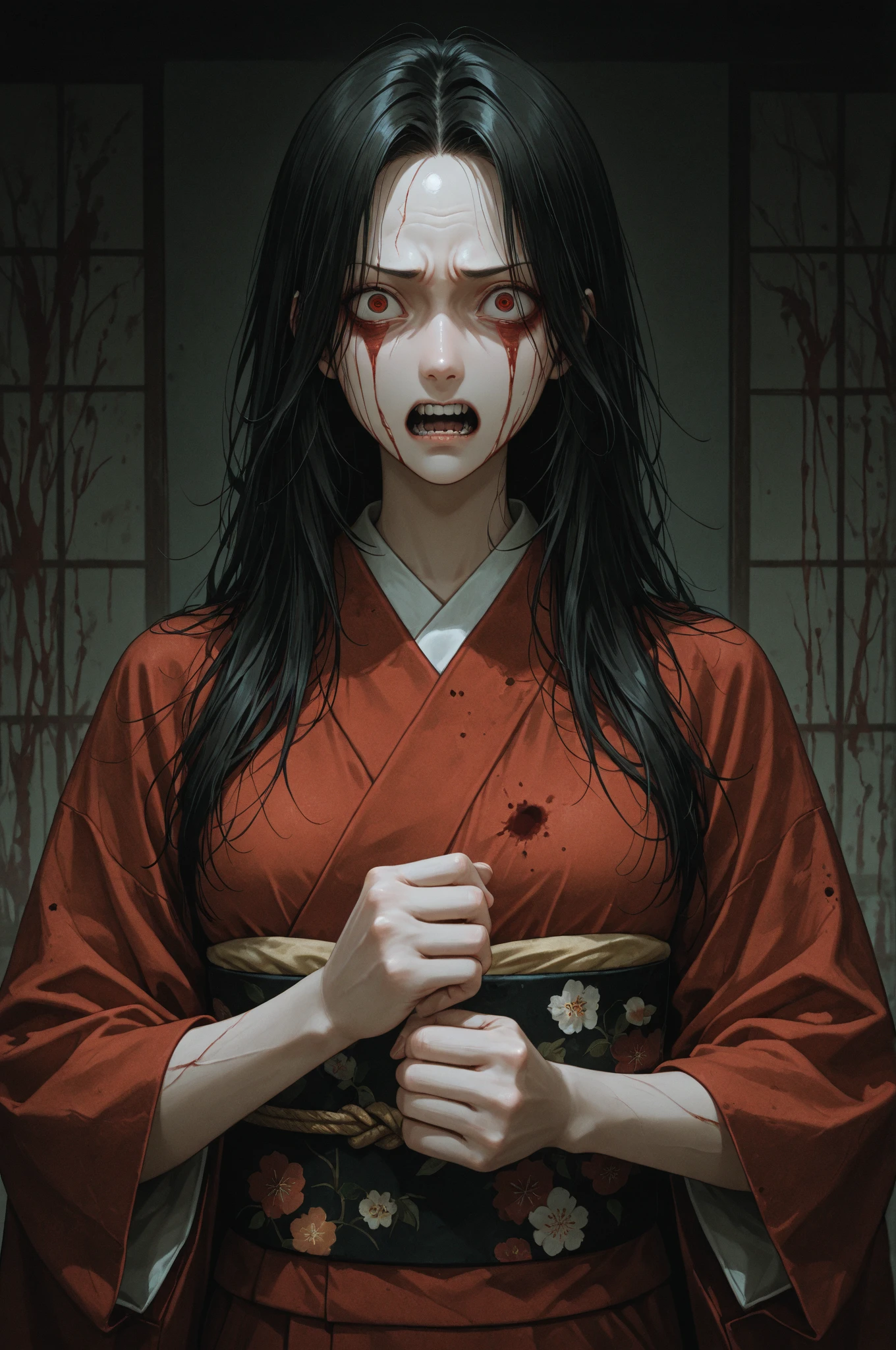 A ghostly depiction of Oiwa, a betrayed woman turned vengeful spirit from Yotsuya Kaidan. She has a distorted, haunting face and wears traditional Japanese attire. The background is a dark, eerie setting with a hint of supernatural elements, evoking a sense of fear and revenge.real.
