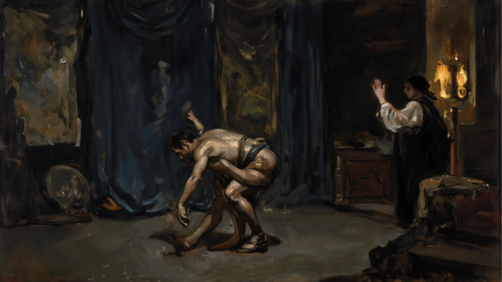 ((1 man wearing small black loincloth, standing holding an he holds a bow and arrow in a complete negative black space, smiling, focused gaze)) in henry scott tuke and Peter Paul Rubens art style, ultra detailed, ultra realistic, ambient lighting, becoming the subject composition, soft neutral colors, perfect components layout, divine proportions, wide angle, fullbody, in henry scott tuke art style, ultradetailed, ultrarealistic, 8k resolution, HD, a red head, hairy, slighly hairy body, slender, detailed eyes, detailed feet, detailed nose, detailed lips, detailed chin, detailed ears, detailed muscles, blue eyes, shirtless, barefoot, handsome, masculine, detailed feet, detailed hands, gorgeous, young man he is sad, standing next to a ultra detailed barroque chair, sad gaze masterpiece, pricewinner, madoka_magica ((background black negative space)

