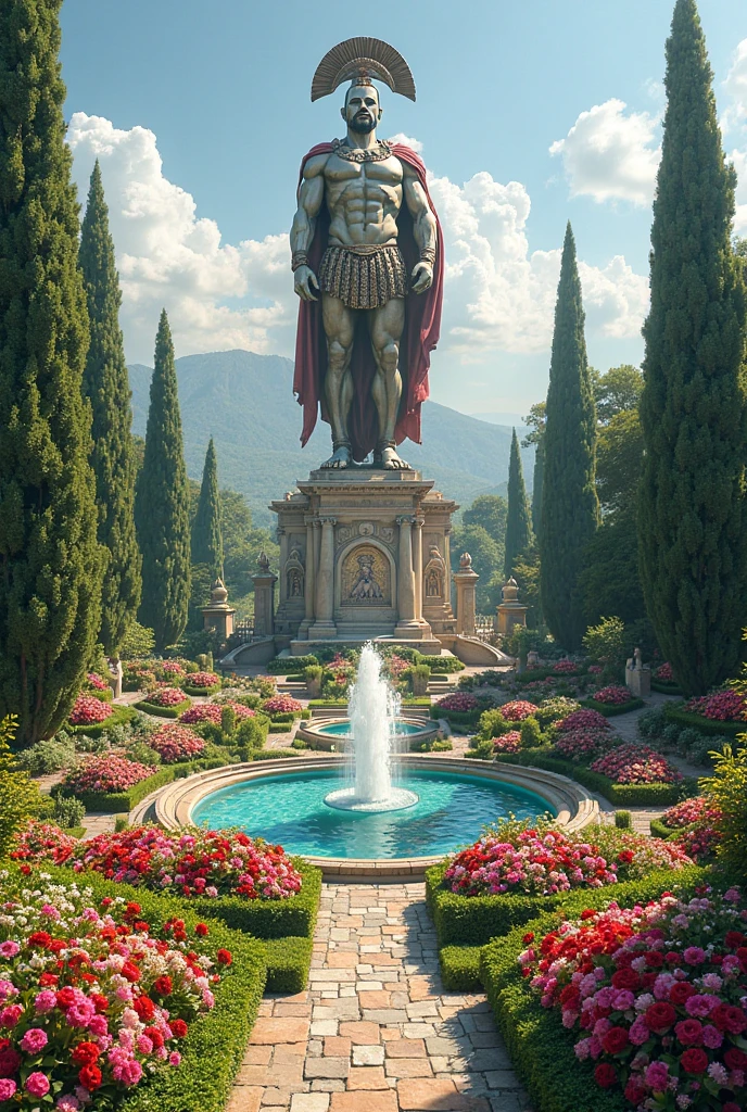 Realistic drawing 8k perfect master piece 1:30 Draw the Hanging Gardens of Babylon as a Roman and European Rococo city. I want rivers to flow through canals, I want a flower bed and a large palace similar to the Palace of Versailles. I want vertical flowers hanging in Victorian houses and various Roman buildings decorated with bouquets of flowers and waterfalls of water.. I want colorful trees and streets with people. I want a white marble statue of a strong young naked man holding a sword with a crown of flowers..
I want a big pink tree in the background. I want an old white steam train with a chimney and bright white smoke coming out, moving along tracks that pass through the entire screen, passing through the city.