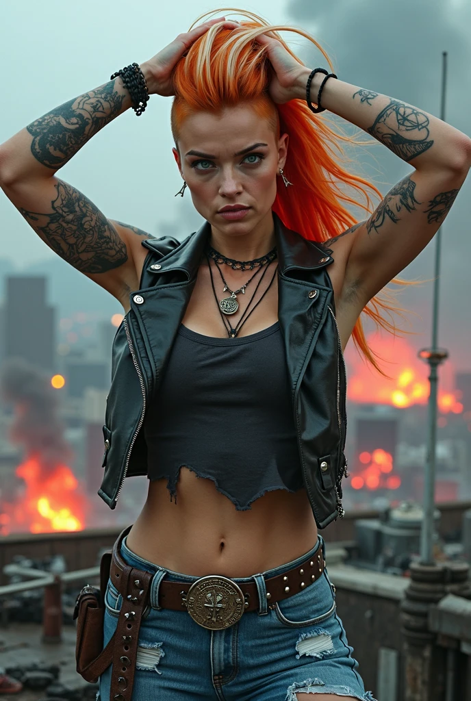 very detailed, 16K high resolution, incredibly detailed image, cinematic, best quality, masterpiece, realistic, detailed face, detailed background, dramatic lighting, A girl, 2, she is alone, beautiful, natural red hair, straggly and messy wavy hair. Extremely detailed facial expressions with sharp and piercing green eyes. A delicate, slightly cheeky face, discreetly made up. ((She is tattooed and pierced, large tubes in her ears.)), She has (very small breasts) and a slim figure, in good shape. Dark, mystical lighting conditions. The world is destroyed after a war (end-time atmosphere like in the "Mad Max" series). She rides a motorcycle through an apocalyptic environment. Flames and clouds of smoke in the background. Her outfit is similar to Jinx's outfit from the series Arcane.