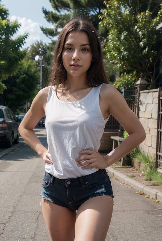 high quality photograph of a Elena Noexiste, (white tank top:1.4), (walking away:1.4), (looking back at the camera:1.2), in a park, super haute couture highly detailed eye, focus on eyes and face, highly detailed lips, highly detailed skin, bokeh, lenseflare,shot with Hasselblad X1D - 50c, <lora:ElenaNoexiste_v1:0.7>