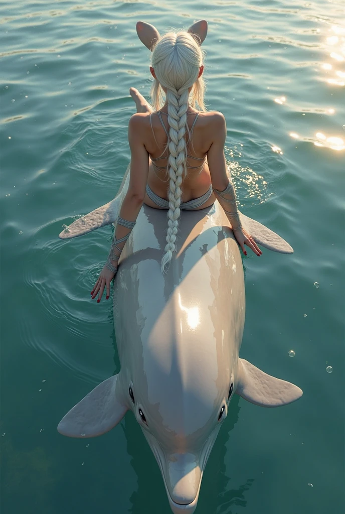 Latina woman with huge ass, naked, fox ears, sitting on a wooden swing in the Bacalar lagoon