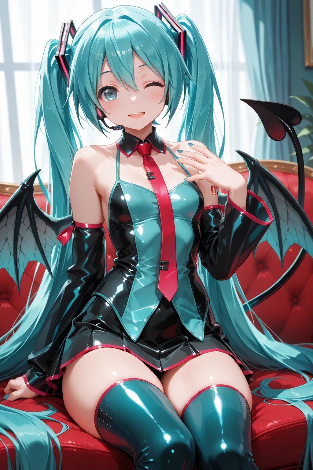 tachi-e, game cg, Highly detailed and realistic CG, Colorful, Masterpiece, Best Quality, jewel-like eyes, 1girl, solo, black hair, shiny hair, long straight hair, very long twintails, slender, skinny legs, succubus girl,succubus costume, hot pants, succubus boots, aqua blue eyes, flat chest, separated sleeves, smirk, smile, jitome, half-closed eyes, tsurime, simple background, from pov, best quality eyes, sharp teeth, tsundere, contrapposto, spread legs, hand on hip, (shiny skin:2.0), succubus headdress, succubus wings, succubus tail, navel, belly button, mesugaki, teasing, smug, cute girl, petite, open mouth, fangs, tongue out, pointy ears, heart tattoo,