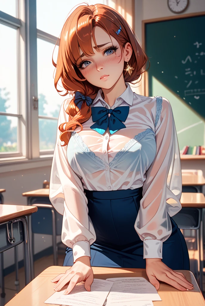 a beautiful 20 year old red haired woman with big messy hair, side ponytail, in a short plaid skirt, white stockings, transparent white dress shirt tied up in a knot, cleavage, navel, classroom setting, rossdraws cartoon vibrant, cute detailed digital art, colorfull digital fantasy art, digital fantasy art ), glossy digital painting, rossdraws pastel vibrant, rossdraws 2. 5, rossdraws 1. 0