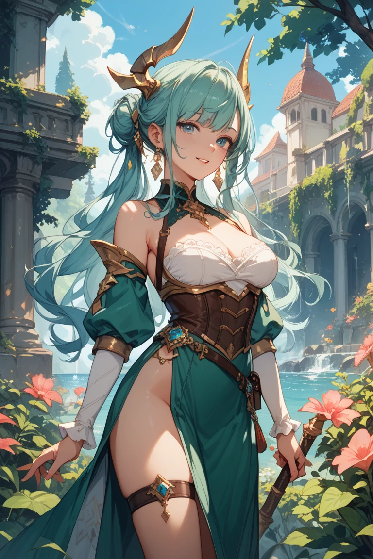 beautiful woman，Folk Girl，blonde with blue eyes，Twist，Wear a strapless wedding dress with no straps.，countryside，countryside，beautiful scenery，European Middle Ages，smile with teeth，forehead，forehead exposed，big tits，rift, (Elf Princess)