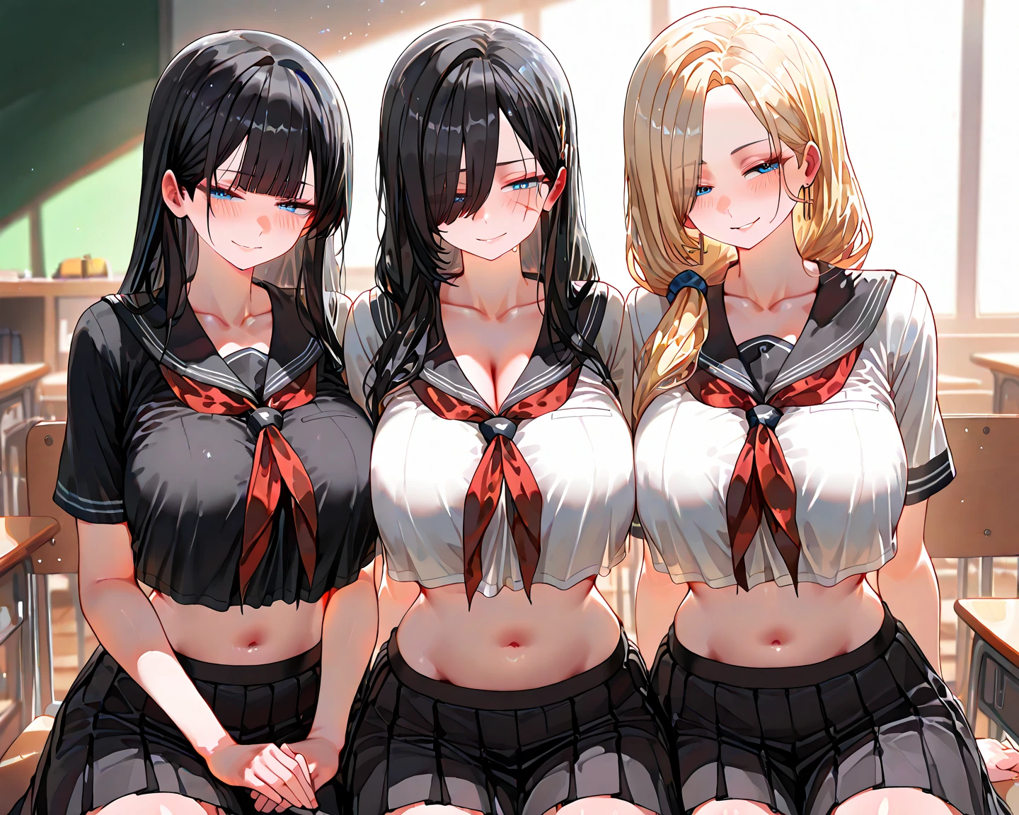 (Beautiful detailed eyes), (Beautiful detailed face), (top-quality), (ultra-detailed), (masterpiece), (shag hairstyle:1.1), (blonde hair:1.4), (4girls), (multiple girls), (lineup), (group picture), (Sweat), standing, (huge breasts), (cleavage), (skinny thigh), (slim waist), (smile), (school uniform), (crop top), (navel), (midriff), (microskirt:1.2), (black thighhighs), (plaid), (school), (in class room:1.2), (open clothes:1.2), (gyaru), (bra), (leopard print), (dark skin:1.4), (open mouth), (tongue out:1.25)