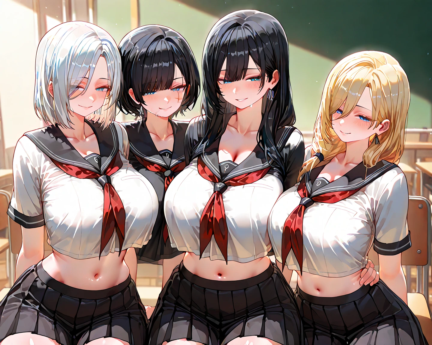 Anime Moe Art Style,Highest quality,High resolution,Anatomically correct,Multiple Girls,Mid-teens,Mr.々Hair style,Super detailed,Big Breasts,Shiny skin,Beautiful Skin,A rich expression,Laughing with your mouth open,Seduce,high school girl,Undress,Show off your chest,Nipples are visible,Lift up your skirt yourself,I can see the shorts,School Festival Beauty Contest,blazer,Pleated skirt,mini skirt,Eyes drawn in detail,8K