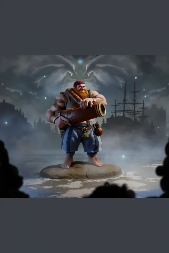 Pirata gordo barbudo de pele azul com tapa olho