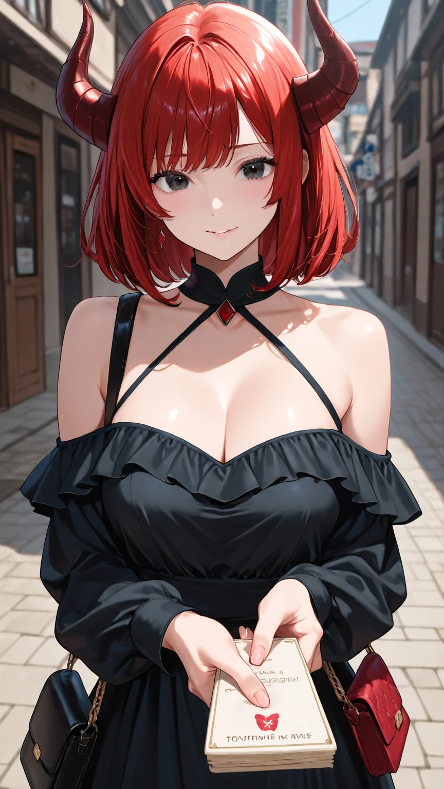 1girl, (masterpiece), best quality, expressive eyes, perfect face, anime girl with red hair, (anime girl wearing a black dress), school girl in gothic dress, stellar style eyes, cute anime girl, fullbody, anime visual of a cute girl, 16 years old, red eyes, red hair, small breast, short-hair, detail eyes, shining eyes