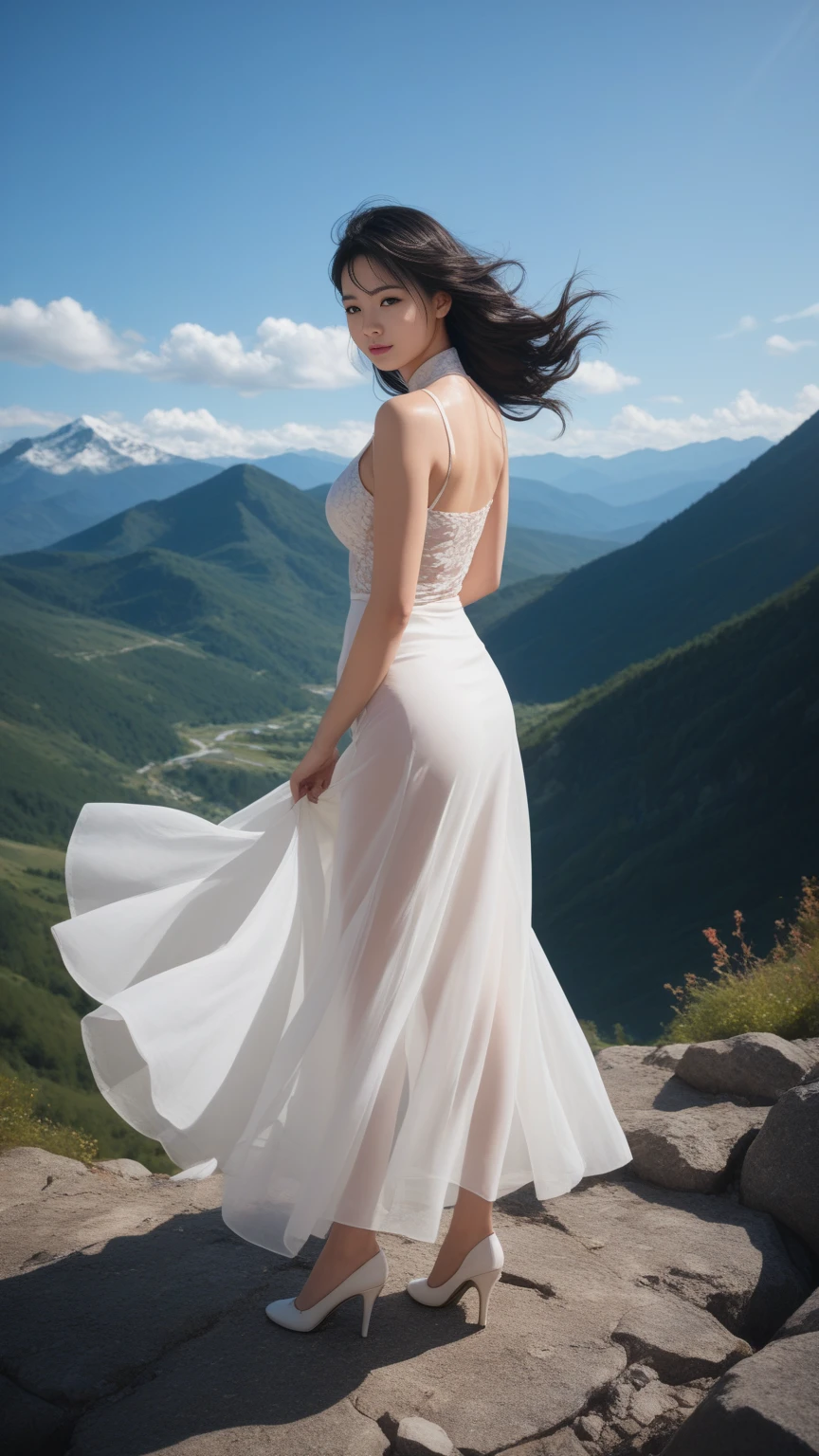 ((Best quality，High Detail，masterpiece:1.2)),（summer mountains），（Backlight, See through body contours：1.3）, 1 20-year-old girl, full-body shot：1.3，White dress dress,Clear facial features：1.5，standing solo, Elegant posture，Delicate face, White-skinned female，