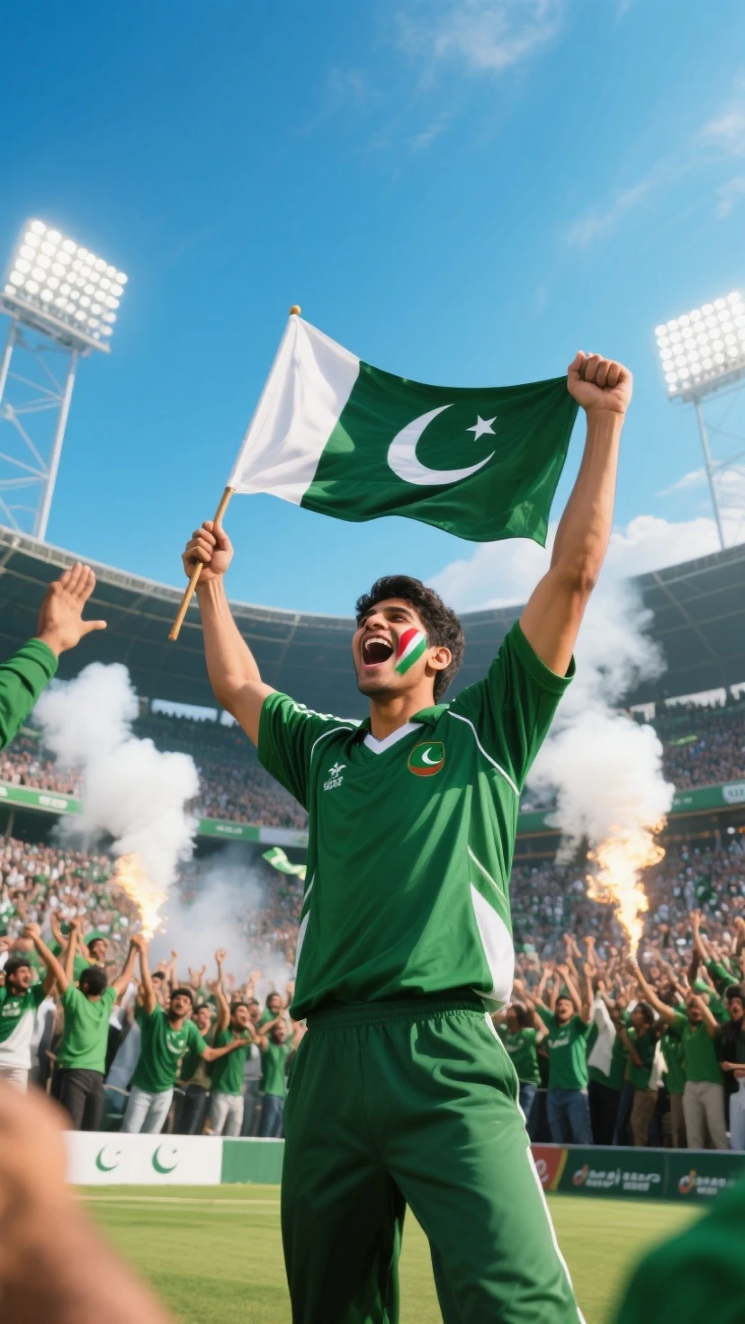 “Create an image celebrating Arshad Nadeem, a Pakistani javelin thrower, holding a gold medal with the Pakistan flag in the background. The scene should be filled with a sense of national pride and achievement, capturing the moment of victory with a joyful crowd cheering in the background. The medal should be prominently displayed, and the overall tone should be triumphant and celebratory, symbolizing his accomplishment on behalf of Pakistan.”