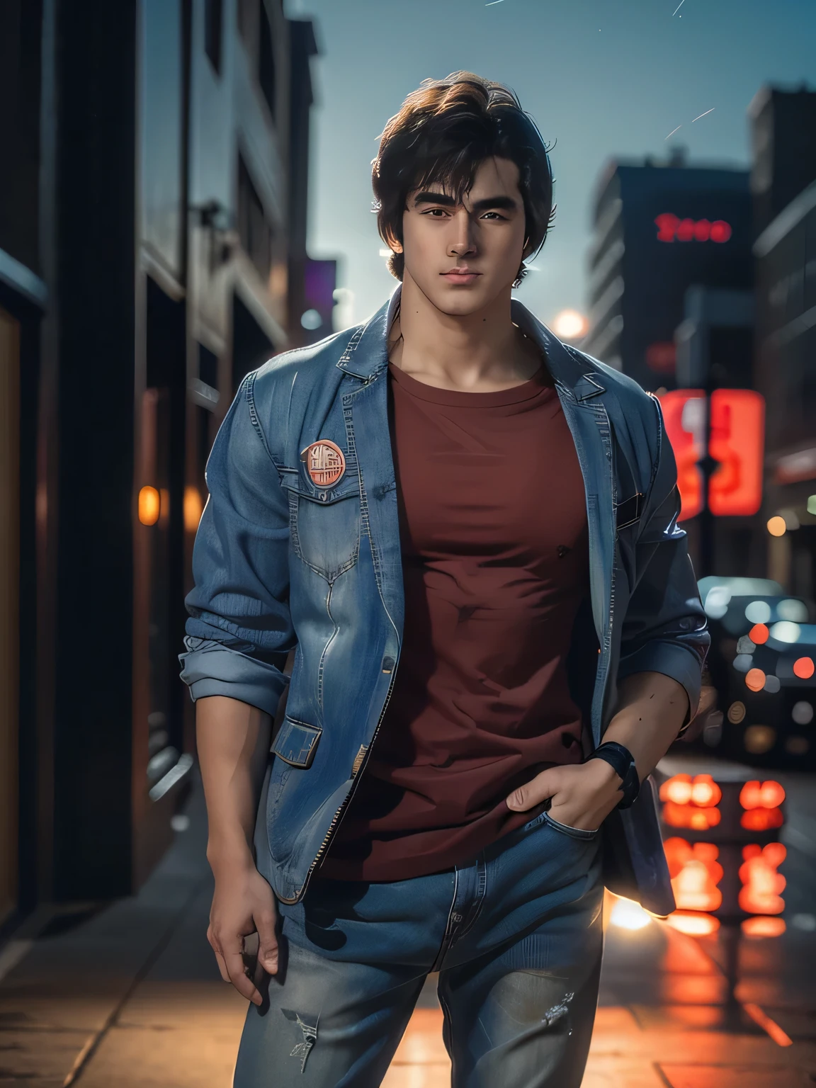 (saeba ryo city hunter ) blue suit jacket Red t-shirt, jeans, lewd smile, standing in front of a coffee shop.  depth of written boundary, awesome solo, Realistic texture, Realistic Skin, Whole body, Highly detailed CG, Super detailed, extremely detailed handsome face, Extremely finely detailed, (night city, illuminations, night sky), atmospheric lighting, Captivating lighting, Beautiful collarbone, perfect style body, Perfect  fotomodel body, Sharp Face,  , skyscrapers, Accurate Fingers, HDR, (detailed beautiful eyes:1.1), High-definition RAW photos, ush colors,  exposure +1.5
