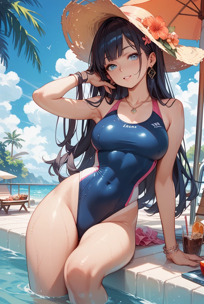 ((masterpiece)), ((Best Quality)), (Ultra-detail), ((kawaii)), Cute, (Lovely), ((Sexy)), (Ero), ((Extremely detailed)), 4 k, (8K), Best Quality, (Beautiful), illustration, Anime Style, Painterly, Dynamic Angle, gradients, exercise to open one's legs, full body focus, pools, Beautiful sky, girl cute, 1girls, 独奏, School Swimwear, Beautiful black hair, ((Beautiful eyes)), White Skin Skin, Long hair, large breast, wet skin, Troubled expression, blush, sparkling effect, rainbow, shiny-glistening, gleaming, lotion, wetted by water