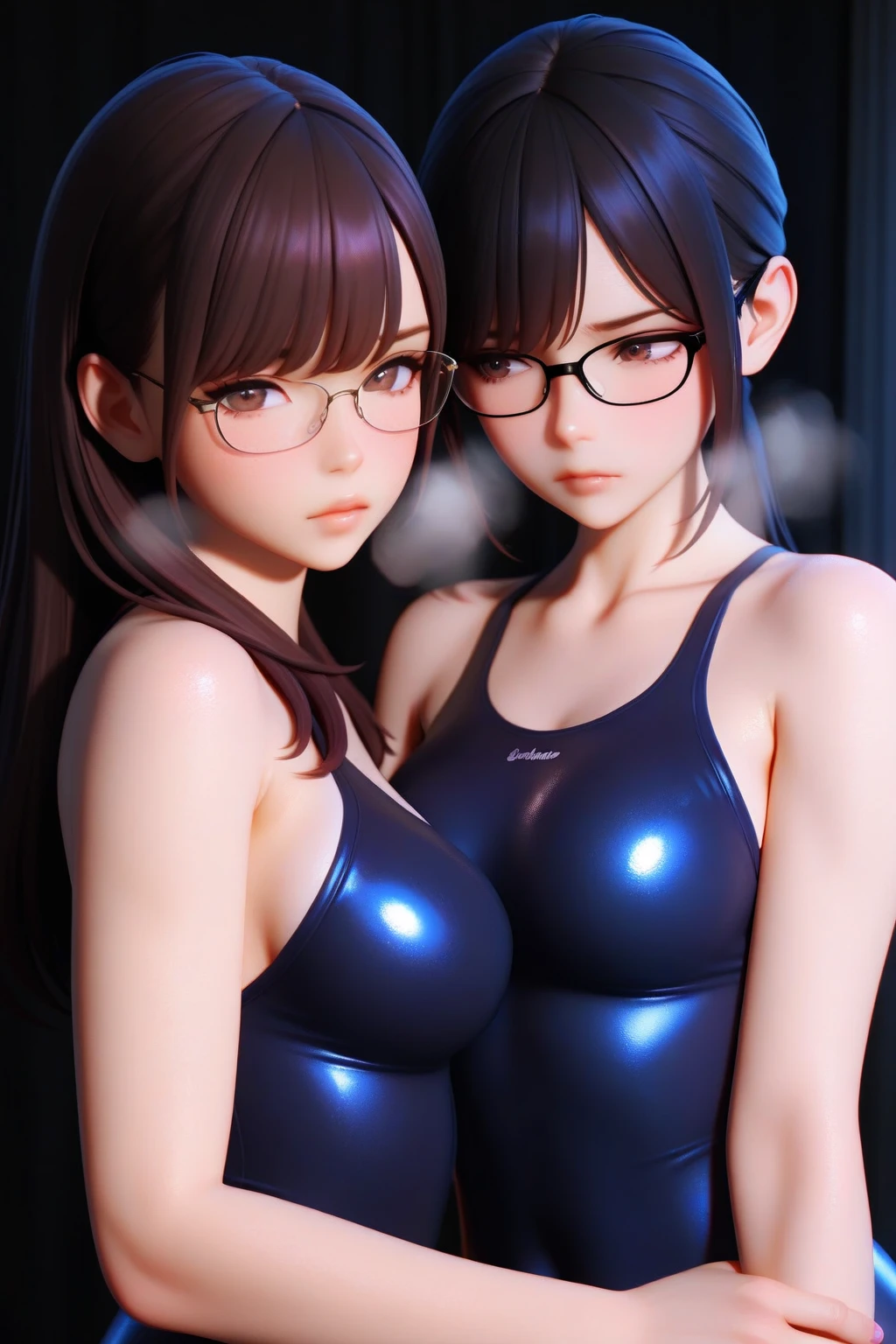 best image quality、8K、UHD、pieces fly、cute eyes、silver hair、Glasses、latex high neck swimwear、latex high neck school swimwear、short hair、短髪のsilver hair美女、wet skin、
