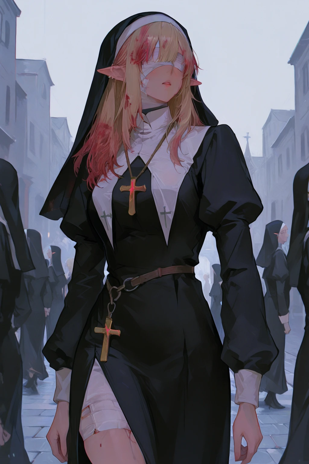 Best quality, masterpiece, god, holy, blood moon as background, nun, white hair, cross, 4k, tomb