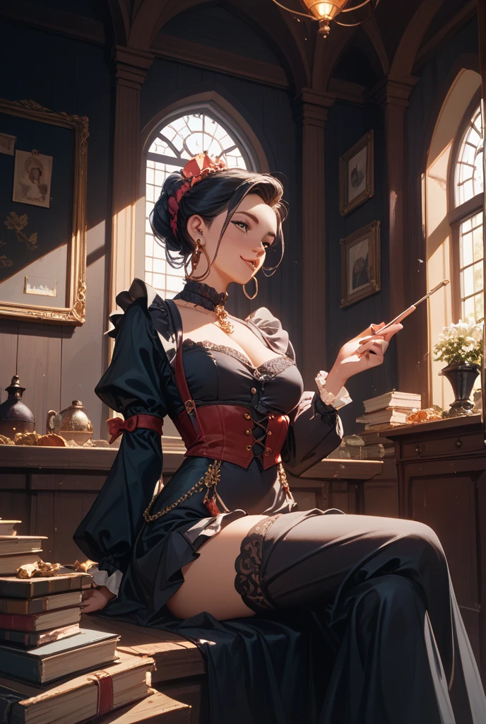 masterpiece, hyper photorealistic, renaissance style, Lost in thought while writing a letter, super ultra huge enormous breasts, super detailed, high definition