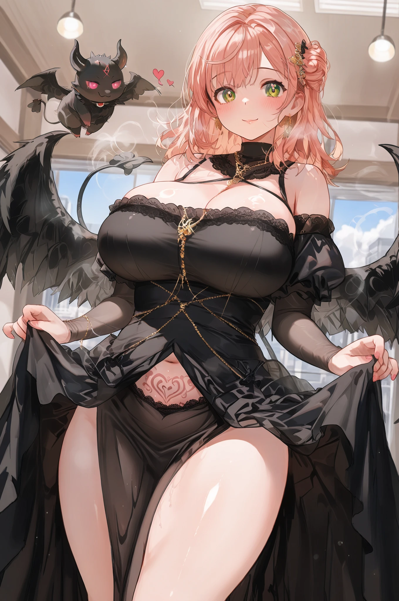 ((Highest quality)),(Ultra-high resolution),(Very detailed),(Detailed Description),((The best CG)),(A masterpiece),Ultra-detailed art,Amazing painting art,(Works with precise details:1.5), (1 female:1.6),(Beautiful and well-proportioned face:1.5),(Curly Hair:1.6),(Intricately detailed lace dress:1.8),Fine jewellery with exquisite detailing:1.5,Waist Accessories:1.5,Look at me and smile:1.5, Antique furniture:1.6, (See-through nipples:1.5),, Angel Girl, (((large angel wings on the back))), Mature Woman,Descended into the church,(Pastel colored hair),(Red and black long high heel boots:1.5),garter belt,stockings、Floating in the sky with magical powers,(Floating skirt:1.5), (Embarrassed expression, blush:1.2)