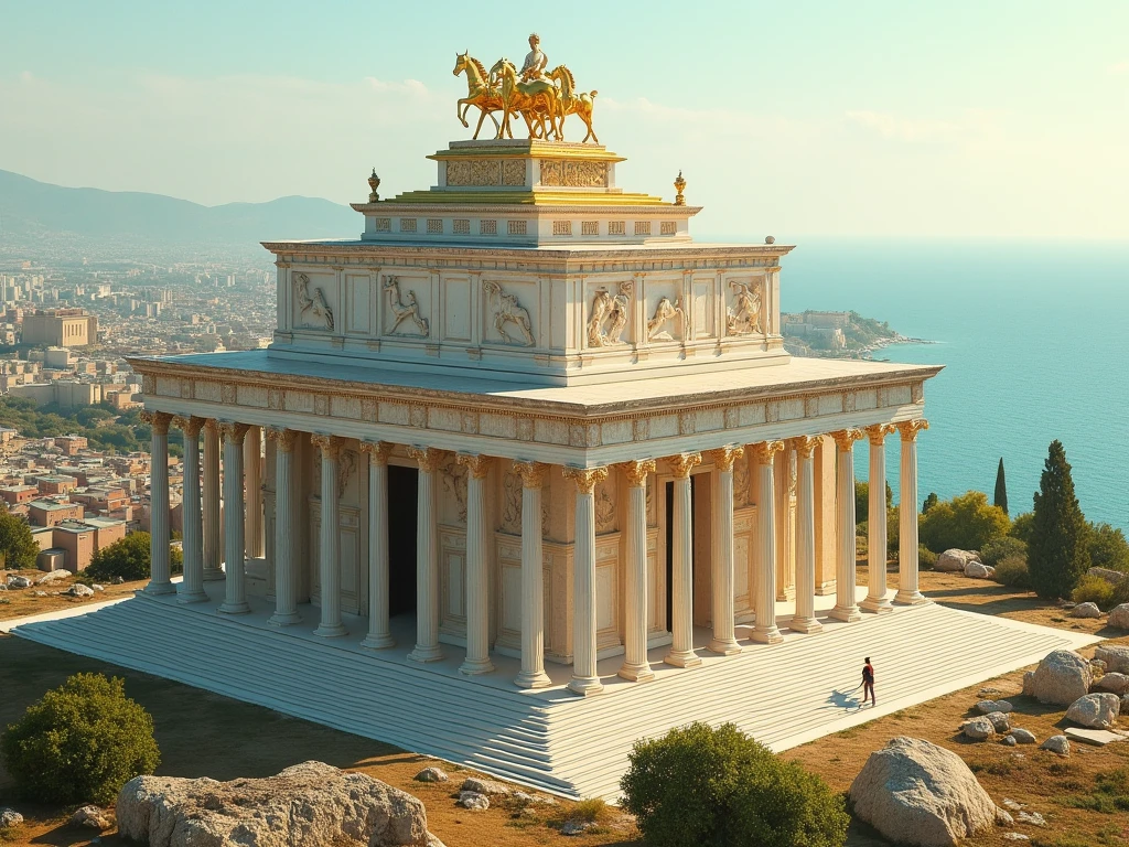 a realistic picture of the Statue of Athena next to the Parthenon in Athens, mid day, realistic