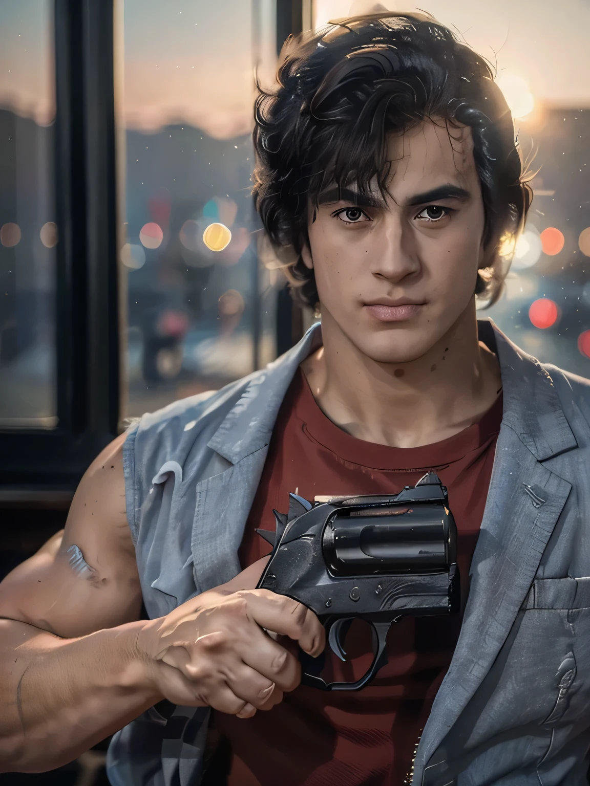1boy, saeba ryou, city hunter, Japanes man, Handsome face,
red shirts, sleeveless, looking at viewer, v-shaped eyebrows,
standing, holding revolver gun, hand in pocket,
indoors, luxury hotel, windows, city, cowboy shot,
general, masterpiece, best quality, perfect lighting, very aesthetic, absurdres, scenery, volumetric lighting, depth of field,