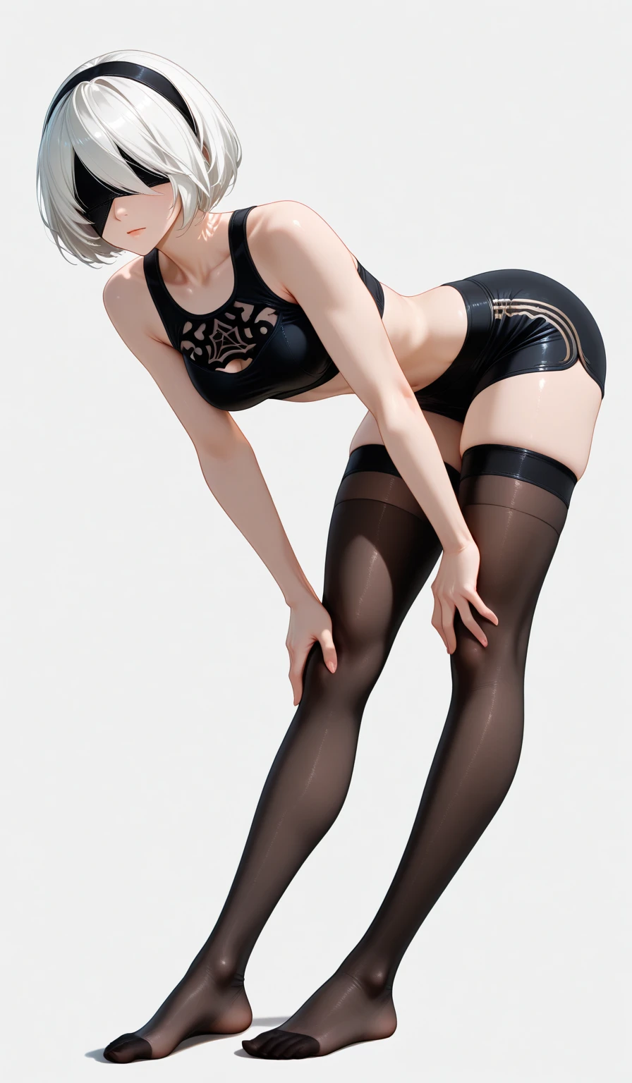 (Masterpiece, plain background:1.2) white short bob hair and skin, purple eyes, thin legs, thin body, leather corset and leather collar choker with golden neck bell, shackles wristbands bracers bracelets sleeves, bikini maid outfit, 1MILFWOMAN BIMBO full body standing symmetrical with both hands on hips, wide hips, view from below