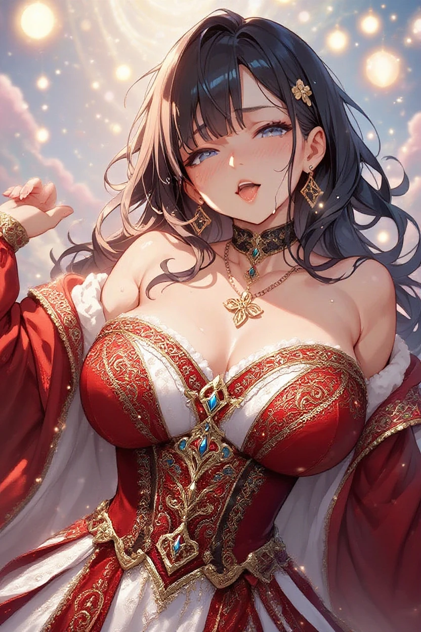 full body, extreme wavy hair, luxurious hair, lustful eyes, open mouth smile, aroused 25 years old, playfully aroused, dripping with desire, busty cleavage, heavy bust, large breasts, pajamas, slim waist, posing by the bed, coy smile with open parted lips, (blushing:1.3), looking lovingly at the viewer, seductive green eyes, an inviting pose, bedroom background, champagne, in love (pov), loving gesture, loving gaze, loving eyes, glowing eyes, highly detailed eyes, chocker, earrings, nsfw,