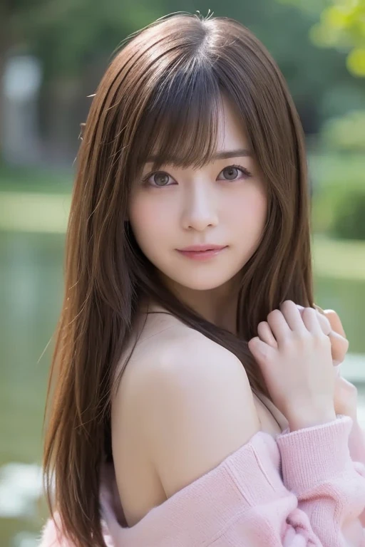 Full Body Angle、((highest quality, 8K, masterpiece: 1.3)), concentrated: 1.2, Cute girl 1,Nipples erect、 Perfect beauty: 1.4,Crisscross V-neck T-shirt, Casual summer short sleeve t-shirt: 1.2,Long sleeve、Randall Color、comics&Text Graphics、Black ruffle-trimmed drawstring zip blouse,1.1, Highly detailed face and skin textures, Fine grain, double eyelid, whitening skin, ,highest quality,Ultra-high resolution,you,1 girl,alone,_Shiny_skin,Iris,necklace,((Brown_length_Wavy_hair)),(lips)),eyelash,Front hair,deal with,compensate,Shiny,pore,skin texture,Large Breasts、smiling face、Front hair、garden、