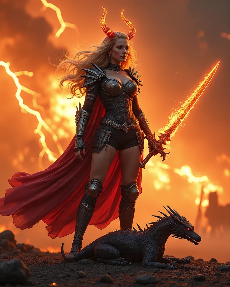 (beautiful (demon woman:1) portrait:1.5) in hell landscape with castle and demon horde (((masterpiece))), ((best quality)), realistic, 8k, ultra-detailed, realistic, scenery, ConceptArt, Highly detailed RAW color Photo, side Angle, (lens flare:0.7), particle effects, raytracing, cinematic lighting, shallow depth of field, photographed on a Sony Alpha 1, 50mm wide angle lens, sharp focus, cinematic film still, dynamic pose, <lora:Hell2_v1.0:0.5>, (Realistic:1.3), <lora:TaylorSkully_v1.0:0.8>