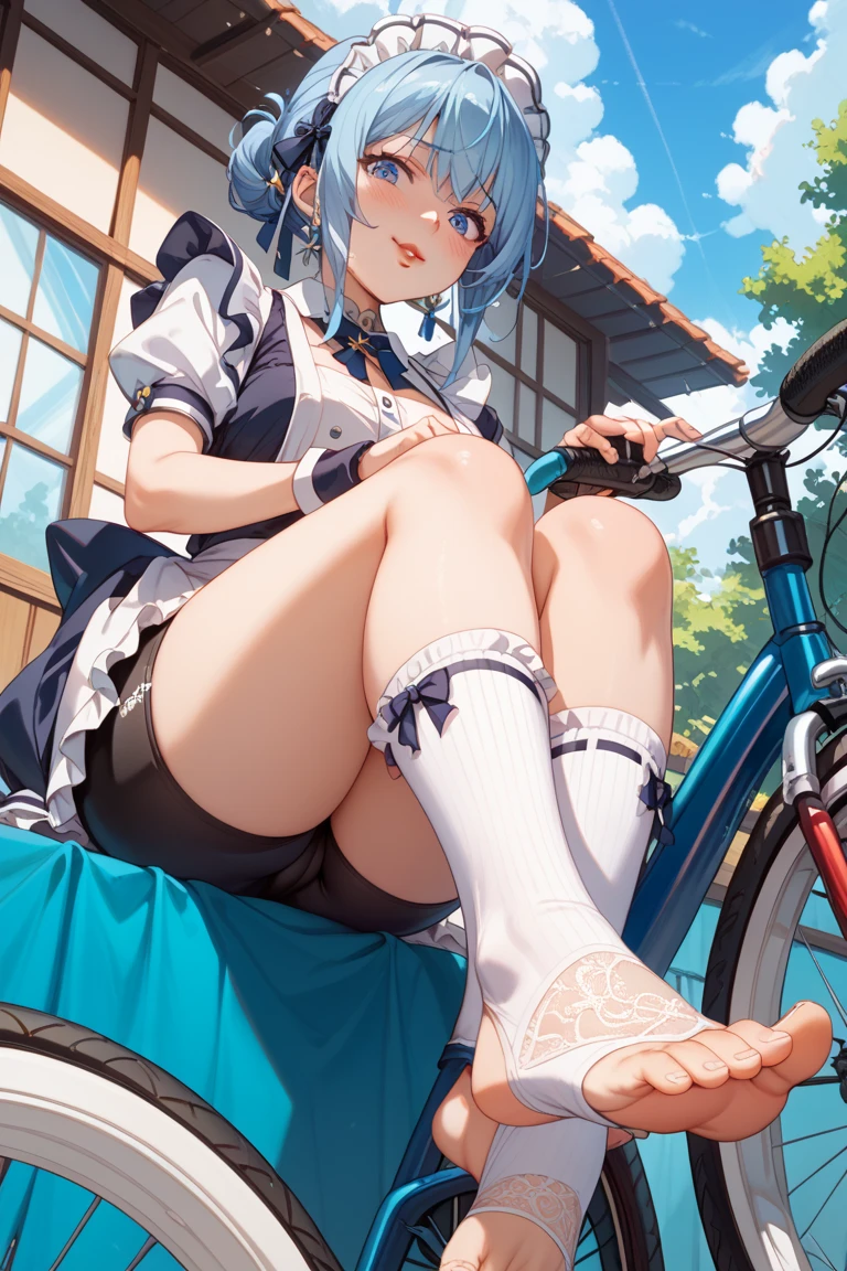 1girl, ponytail, blue hair, blue eyes, china dress, sitting on bicycle saddle, ((short cloth)), white panties,