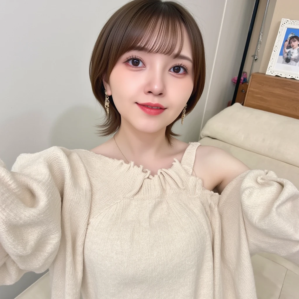 RAW photo, (8k), (highest quality: 1.2), (realistic), (realistic: 1.37), ultra high resolution, photo of a high school girl in taking a selfie, selfie, (school uniform), (Navy blue cardigan) White shirt, tie, pleated skirt, (Blue knee-high socks), (1 female, half Korean and Ukrainian, 80% Korean, 23 years old, cute, smile, closed mouth, thick lips) , red lips, face with freckles, aquiline nose, crying eye (light pink hair close to blonde 1.4)), slightly plump cheeks, round face, bob hair, short hair, very short hair, gray eye color , medium chest, indoors, top, face close-up, thin necklace, (mid shot: 1.2)