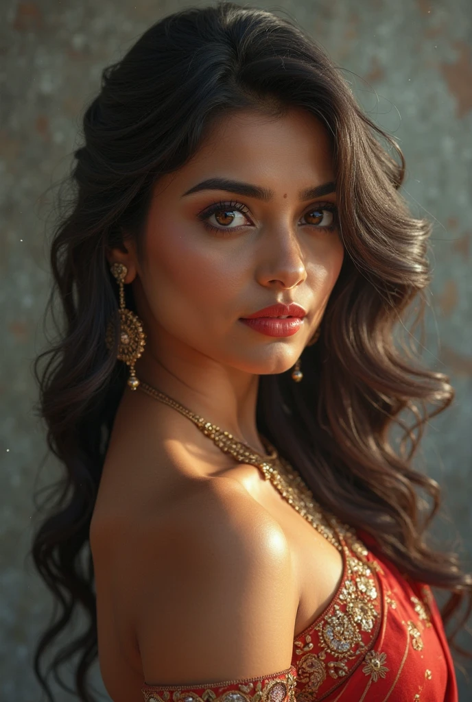 A confident-looking indian woman princess with long flowing hair, hazel eyes,laying on bed and wearing orange black saree, a smile on the face, royal and lusty look, red bindi, standing in cricket stadium, c-cup breast, perfect composition, hyperrealistic, super detailed, 8k, high quality, trending art, trending on artstation, sharp focus, sexy photo, intricate details, highly detailed, art by Greg Rutkowski