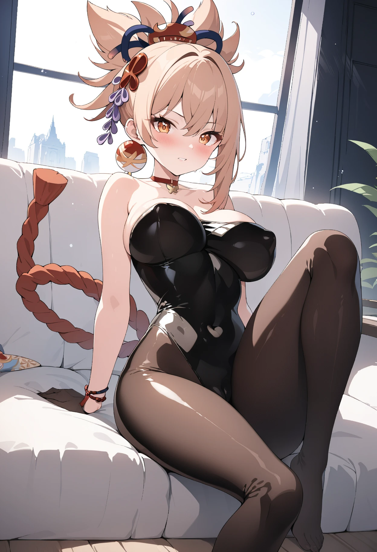 A girl, long blonde hair, large breasts, blonde pointed Neko cat ears, lime green light cat eyes, long red painted fingernails, wearing a black collar with bells, a red crop top with a deep neckline, a black short mini skirt with black tights, high  black heeled boots, with a blonde cat tail, stands tall in a city, high res, ultrasharp, 8K, masterpiece