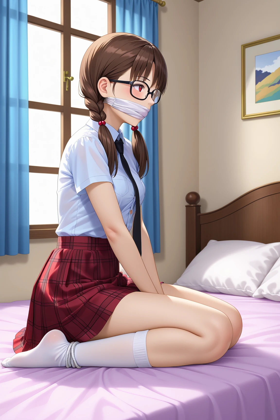 Close-up shot of a sexy woman, Gorgeous with captivating eyes and perfect makeup, radiant childhood friend, emphasized by the transparent shirt ,pencil skirt, Show off your sexy figure with big thighs and wide hips, provocative. tie (Shibari, tay bị tie sau lưng: 1,5), (Shibari: 1,21), Bị tie, chân bị tie, gag with drool ball,wearing big red ballgag glasses, in a crowded meeting room, red rope,
