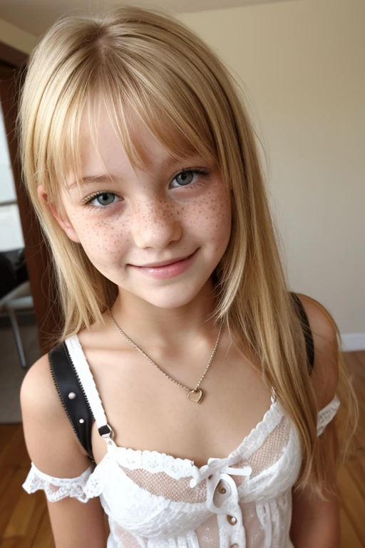 12 year old girl with medium length blonde hair, children's pigtails hair, hair ribbon, Caucasian female facial structure, happy expression, golden necklace, she wearing a lace tight dress, visible nipples, marked nipples, she in a apartment,