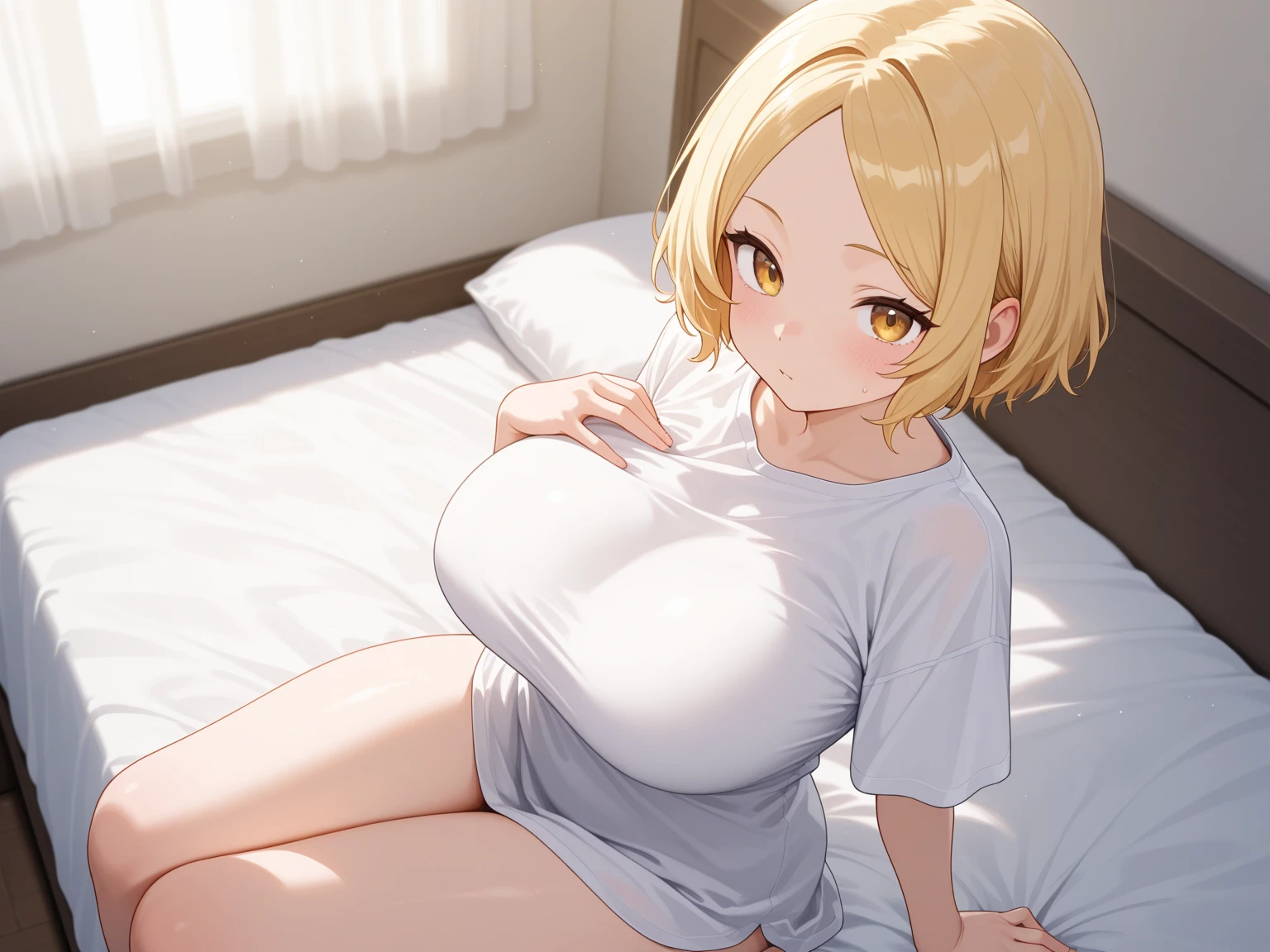 masterpiece, best_quality, 1girl, solo, super pochaco, blonde hair, (plump:1.2), huge breasts, laying on a bed naked legs spread