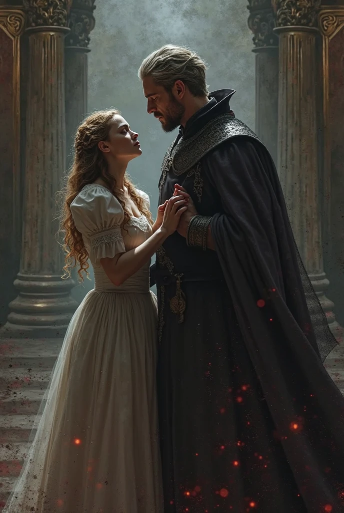 Lily Collins, who has curly black hair, wears a medieval dress. the Neels Visser wears a medieval military outfit and has blonde hair. The couple is waltzing in the ballroom. The illustration is like a book cover with a detailed, bright, illuminated, ultra detailed background, conceptual art, elegant, Samyang art
