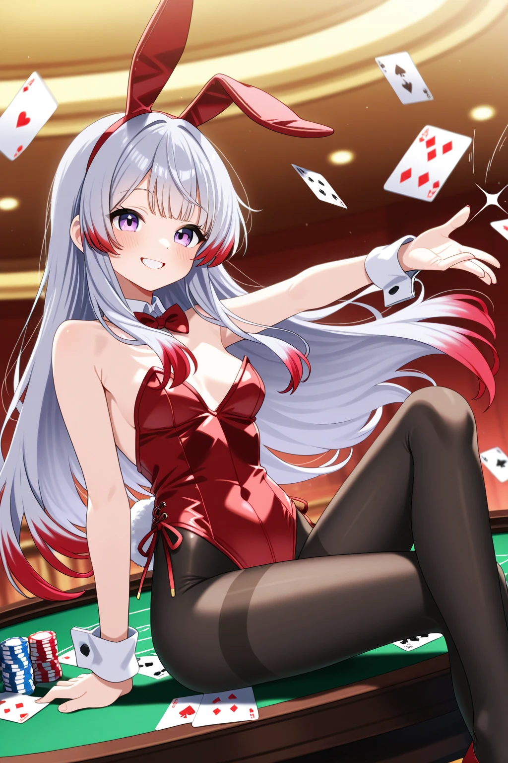 Anime-style illustrations, Highest quality, 4K, Girl 1, alone, Playing a card game, Delighted, (Gray Hair, Long Hair, micro dress, White underwear, Small breasts, The body is slim, bright red face), School, classroom,