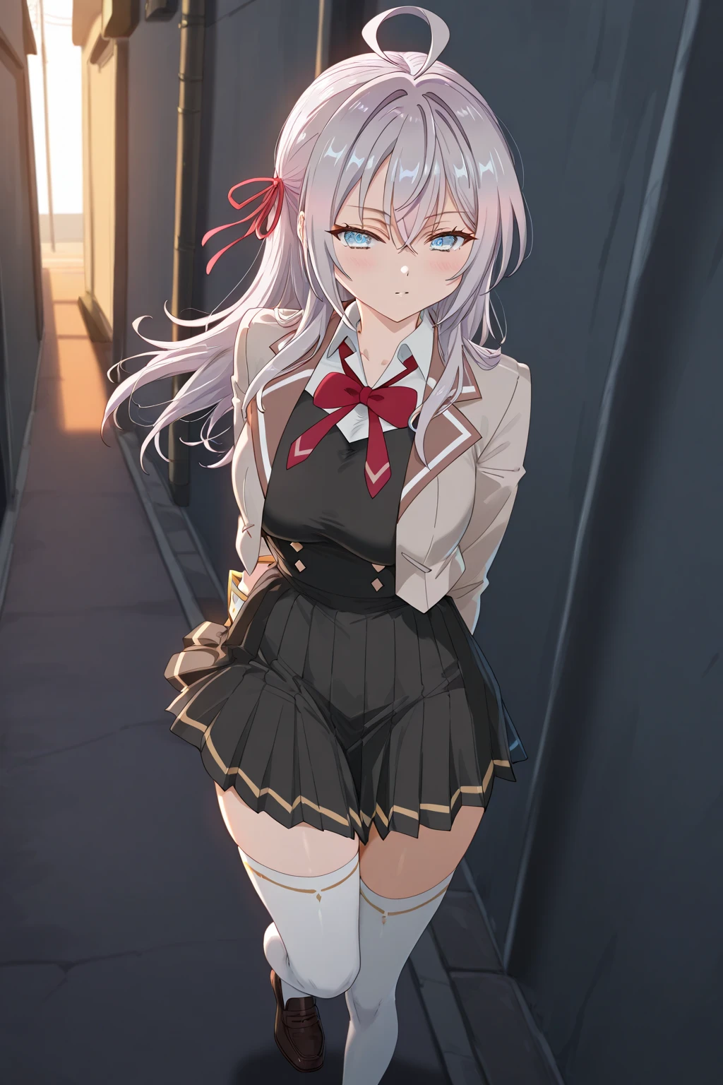 score_9, score_8_up, score_7_up, source_anime BREAK 1girl, alya_def, solo, looking at viewer, hair ribbon, closed mouth, school uniform, pink ribbon, (((blush))), shy, Sweaty, ultra detail, ((hands tied behind)), ((arms behind back)), bondage, brown rope, large breast, (((seiza))), sitting on the knees, basement, concrete wall, concrete floor, scowl, ((flat_gaze)), indoors, cowboy shot, pleated skirt, black skirt, white thighhighs, open jacket, red bowtie, ,score_9, score_8_up, score_7_up, source_anime