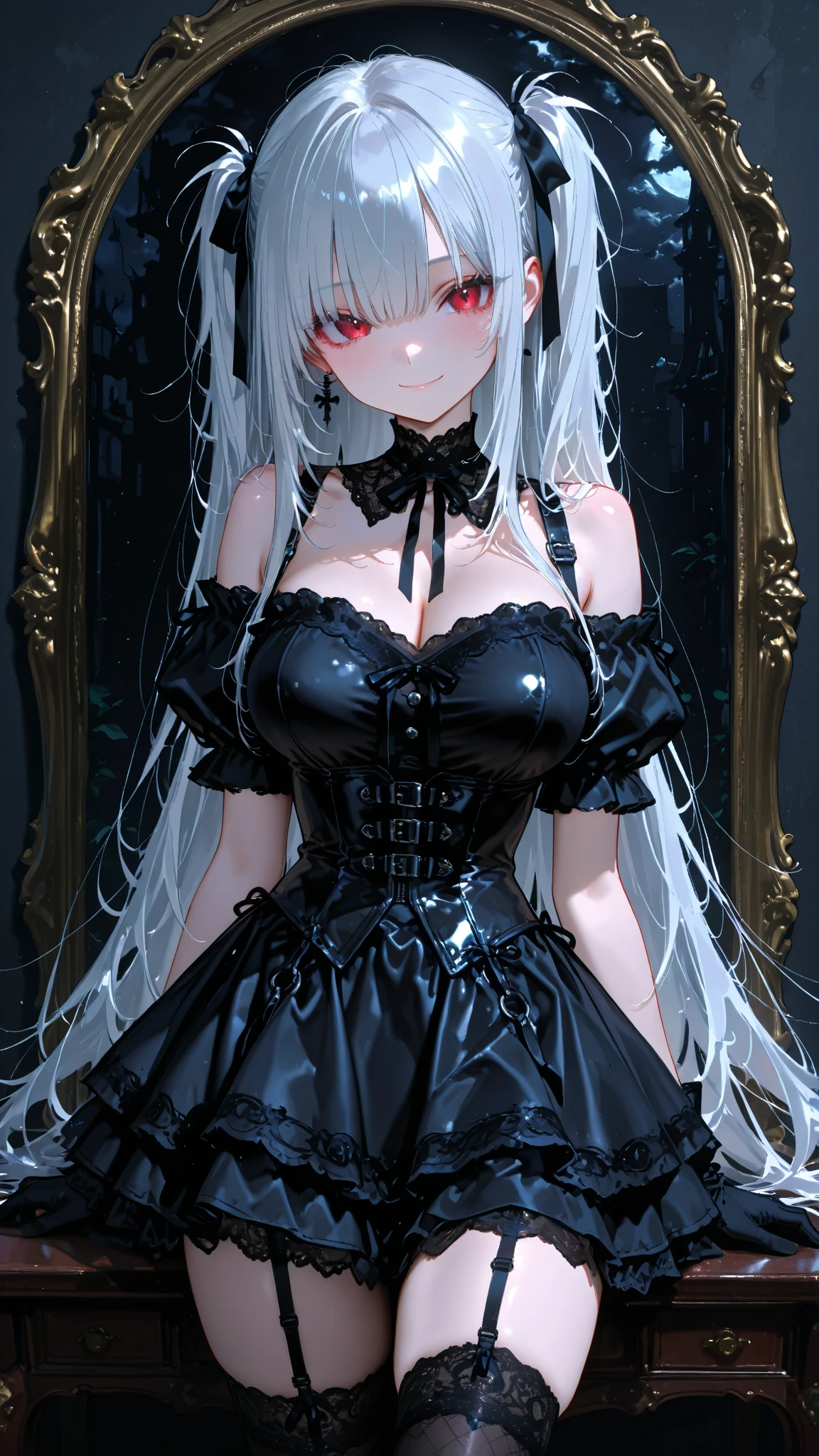 A 2 gothic punk goth girl, perfect face, beautiful Asian woman with long White hair in curls and coils, very cute and beautiful girl, (highly detailed beautiful face), high detailed fingers, (Blood Red corset with detailed frills), detailed face, detailed fingers cowboy shot, looking at viewer, ((sexy Punk Lolita cosplay)), unconventional skirt, petticoats, high neckline, ((ultra detailed lace)), ((ultra detailed embroidery)), intricate details, tartan patterns, ((silver chains)), ((silver spikes)), ((safety pins)), Punk Lolita Punk Lolita choker, ((large sparkling Punk Lolita, cinematic light, detailed gothic house background