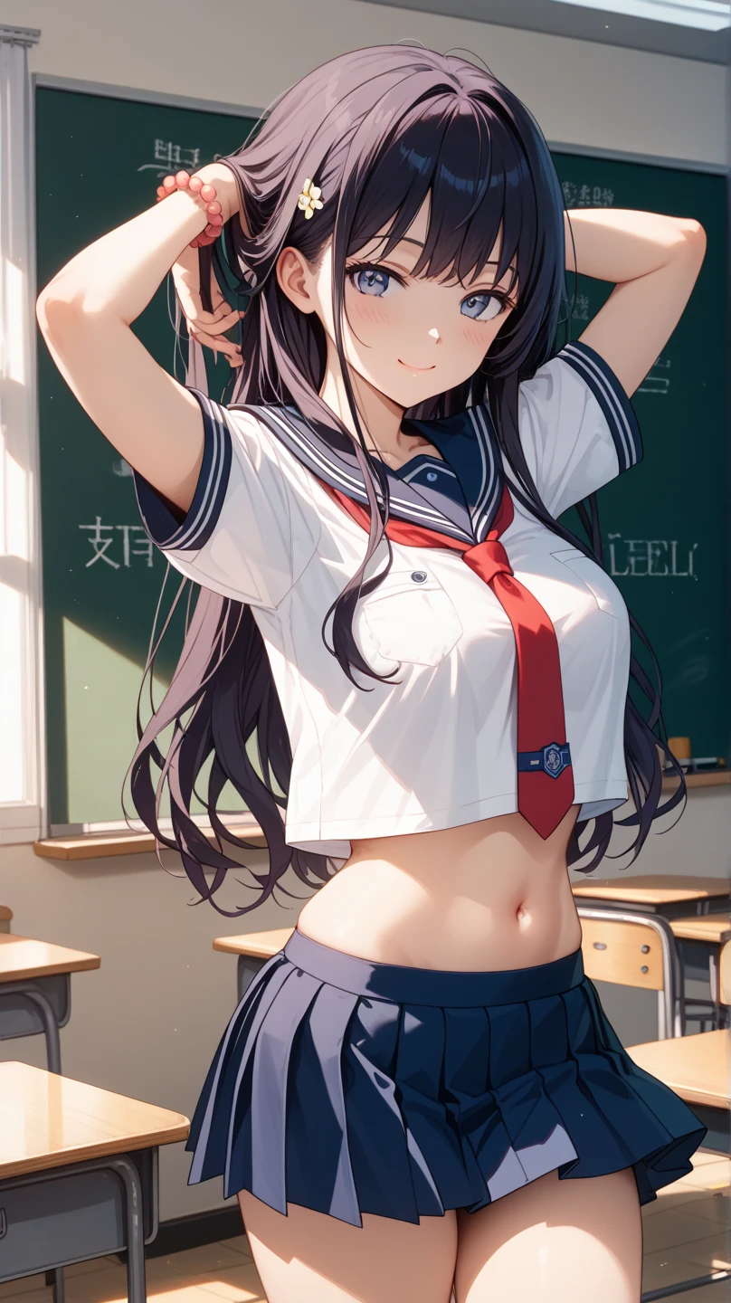 nsfw,alone, (One girl), Junior high school girl,single, , ((White panties)), (wearing only the top half of sailor school uniform), Sailor with un-folded hems, sexy, (Cowboy Shot), ((Put your arms behind your head)), classroom, With a girl:Her hair is long and black, Her face is round and cute, Black Hair, Low twin tails, (Are standing),(Shy, Embarrassing),