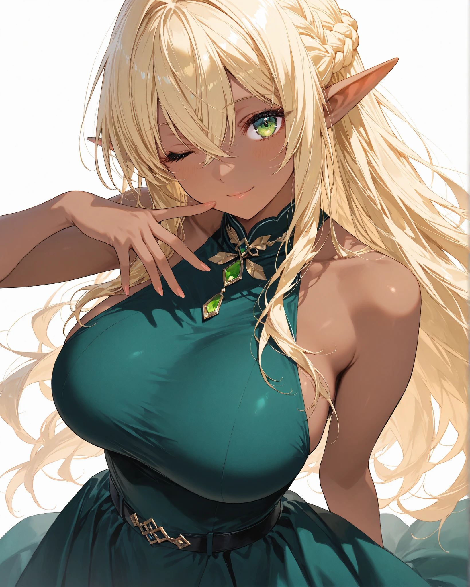 (8k, best quality, masterpiece:1.2),\(Eye details\),\(facial features details\),(\(clothing details details\)\),best quality,illustration,Excellent human body,(1 girl:1.2)+(1 man:1.2),2 person on the picture,upper body,(Elf:1.3),pointed ears,green pupil.the girl has long blonde hair.the man has bob head.the girl has big pench ass and huge breasts.the boy has weakness body.the girl height is 179 cm.the man height is 150 cm.two people