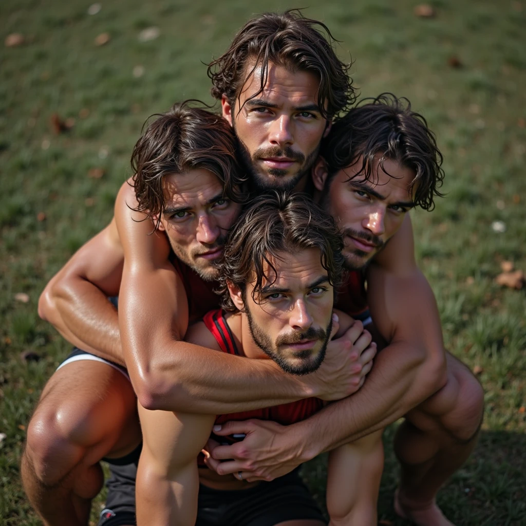 Happy 17-year-old boys shirtless after winning a game 