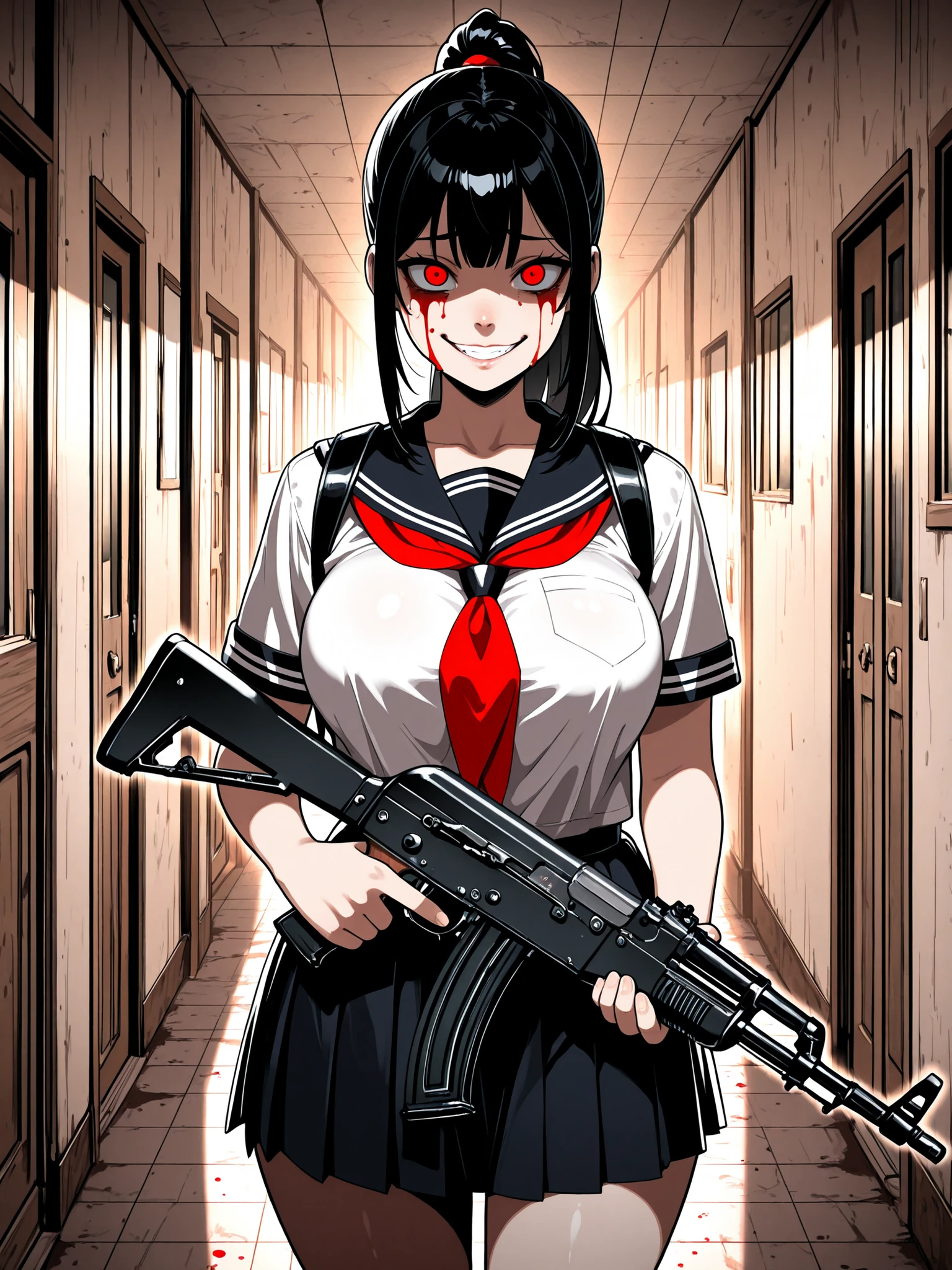 A yandere schoolgirl with big tits, tall figure, holding a Kalashnikov AK-47 on both hands, wearing bloody white seifuku, black ponytail hair with bangs on both temples, red eyes, creepy-ominous smile, bloody face, bloody japanese school hallway, masterpiece, best quality, ultra-detailed, soft cinematic lighting, high contrast