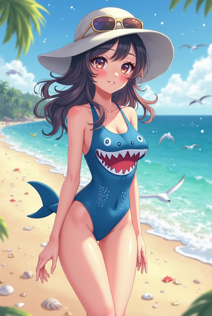 best quality, 2.5D, cute shark girl, ribbon on her head, threatening but not scary at all, beach, parody of the movie "Jaws"