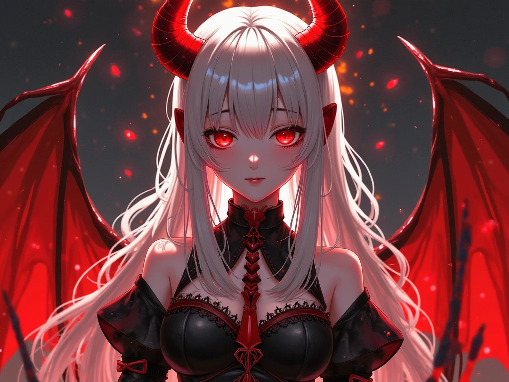 A cinematic shot of a dark fantasy anime-style portrait of a seductive succubus named Lady Venus. She has striking black hair with neon red tips and wears a crown. She has large, glowing red eyes and wears dark clothing. Her wings have a vibrant red center. The background is a dark, gothic architecture. The overall composition is illuminated by dramatic lighting. This portrait is a masterful combination of photography, 3D render, and artistic elements.